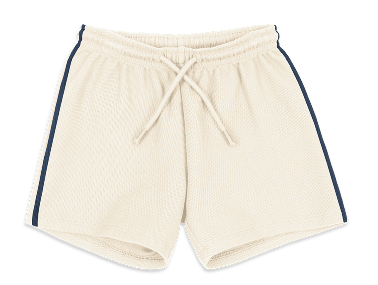 Konges Slojd Baby Boys’ and Boys’ Florian Shorts in beige, featuring a drawstring waist and navy blue side stripes, crafted from organic cotton and displayed flat against a white background.