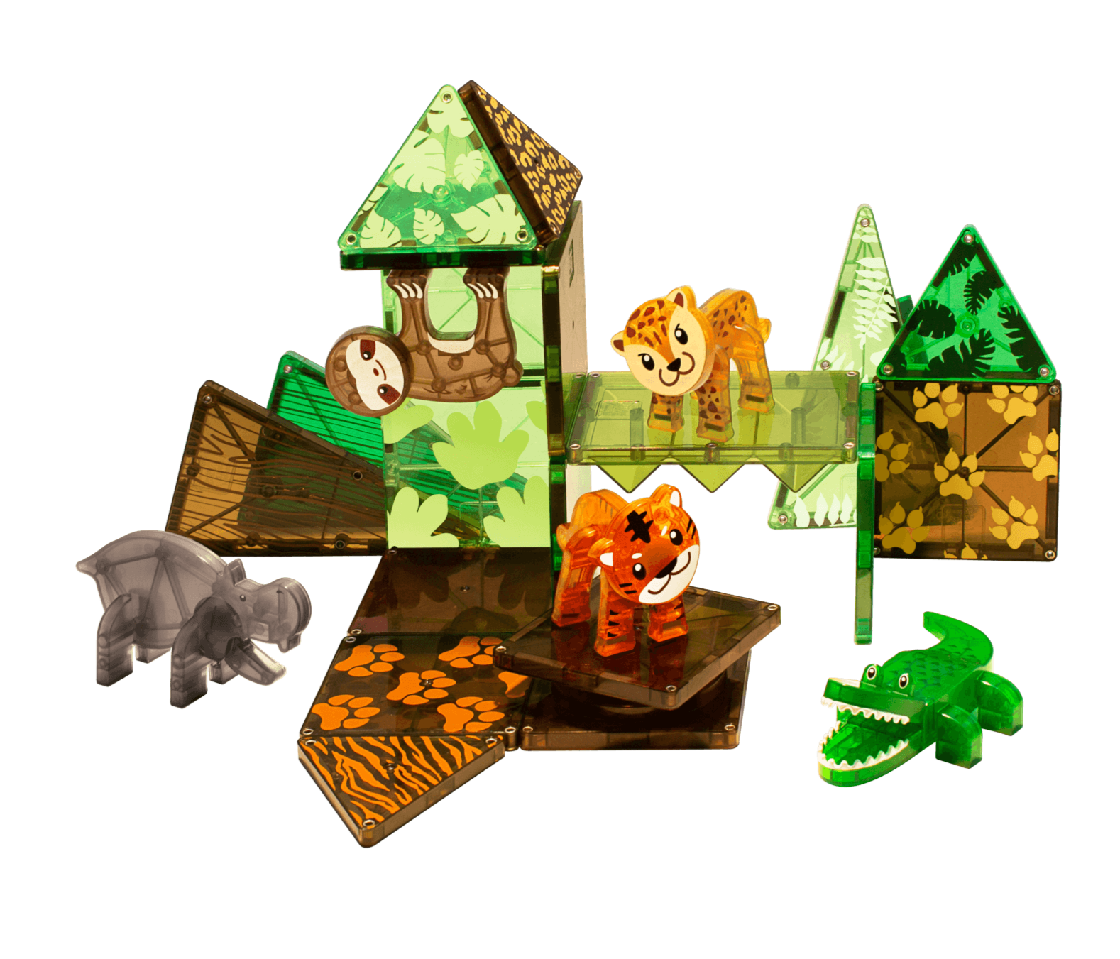 The MAGNA-TILES® Jungle Animals 25 Piece Set from Magnatiles features a vibrant playset with magnetic tiles that can be assembled into structures decorated with leafy and animal print patterns. The set includes animal figures such as a tiger, elephant, and crocodile, making it perfect for hands-on play.