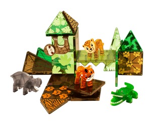 The MAGNA-TILES® Jungle Animals 25 Piece Set from Magnatiles features a vibrant playset with magnetic tiles that can be assembled into structures decorated with leafy and animal print patterns. The set includes animal figures such as a tiger, elephant, and crocodile, making it perfect for hands-on play.