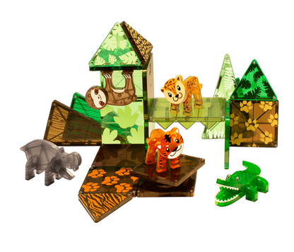 The MAGNA-TILES® Jungle Animals 25 Piece Set from Magnatiles features a vibrant playset with magnetic tiles that can be assembled into structures decorated with leafy and animal print patterns. The set includes animal figures such as a tiger, elephant, and crocodile, making it perfect for hands-on play.