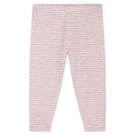 Serendipity’s Baby Rib Stripe Leggings are shown flat on a white background, crafted from soft organic cotton. These GOTS certified children’s leggings feature pink and white stripes, a simple straight-leg cut, and an elastic waistband for everyday comfort.