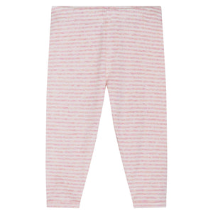 Serendipity’s Baby Rib Stripe Leggings are shown flat on a white background, crafted from soft organic cotton. These GOTS certified children’s leggings feature pink and white stripes, a simple straight-leg cut, and an elastic waistband for everyday comfort.