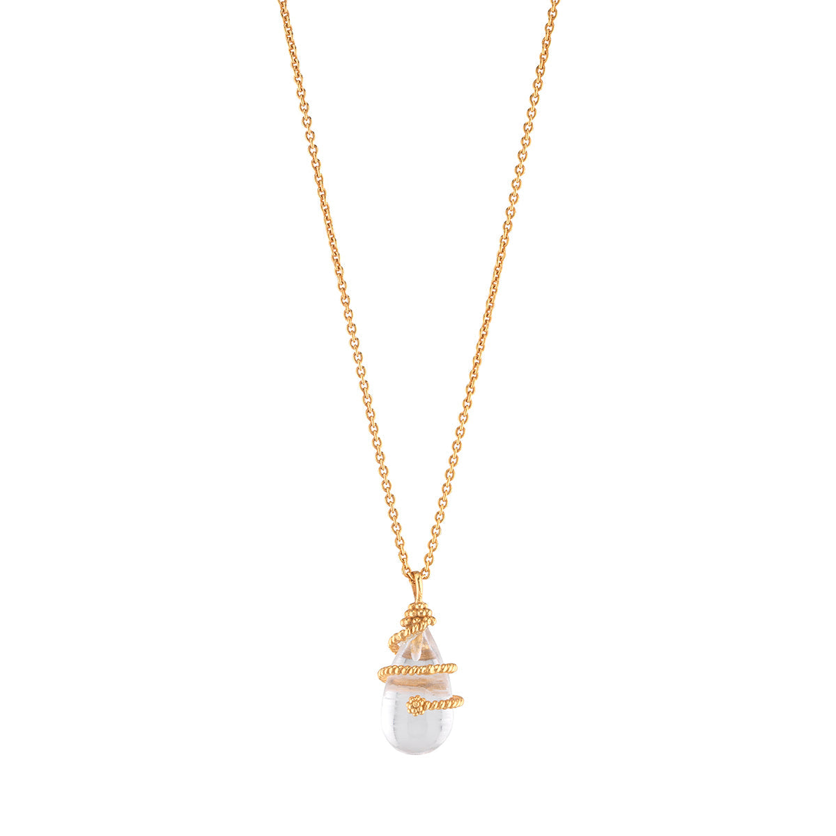 The Juliska Capucine De Wulf Lily Charm Necklace features a large white pearl pendant wrapped in a crystal-studded snake design, elegantly showcased against a plain white background.