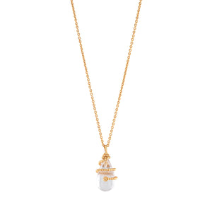 The Juliska Capucine De Wulf Lily Charm Necklace features a large white pearl pendant wrapped in a crystal-studded snake design, elegantly showcased against a plain white background.