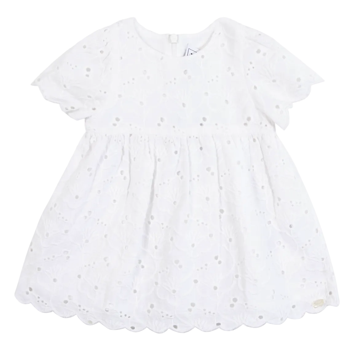 The Tartine et Chocolat Baby Girls’ and Girls’ English Embroidery Cotton Dress is a white, short-sleeve infant cotton dress with delicate eyelet embroidery, a scalloped hem, and a round neckline, featuring a convenient zip fastening. Shown against a plain white background.