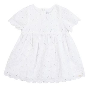 The Tartine et Chocolat Baby Girls’ and Girls’ English Embroidery Cotton Dress is a white, short-sleeve infant cotton dress with delicate eyelet embroidery, a scalloped hem, and a round neckline, featuring a convenient zip fastening. Shown against a plain white background.