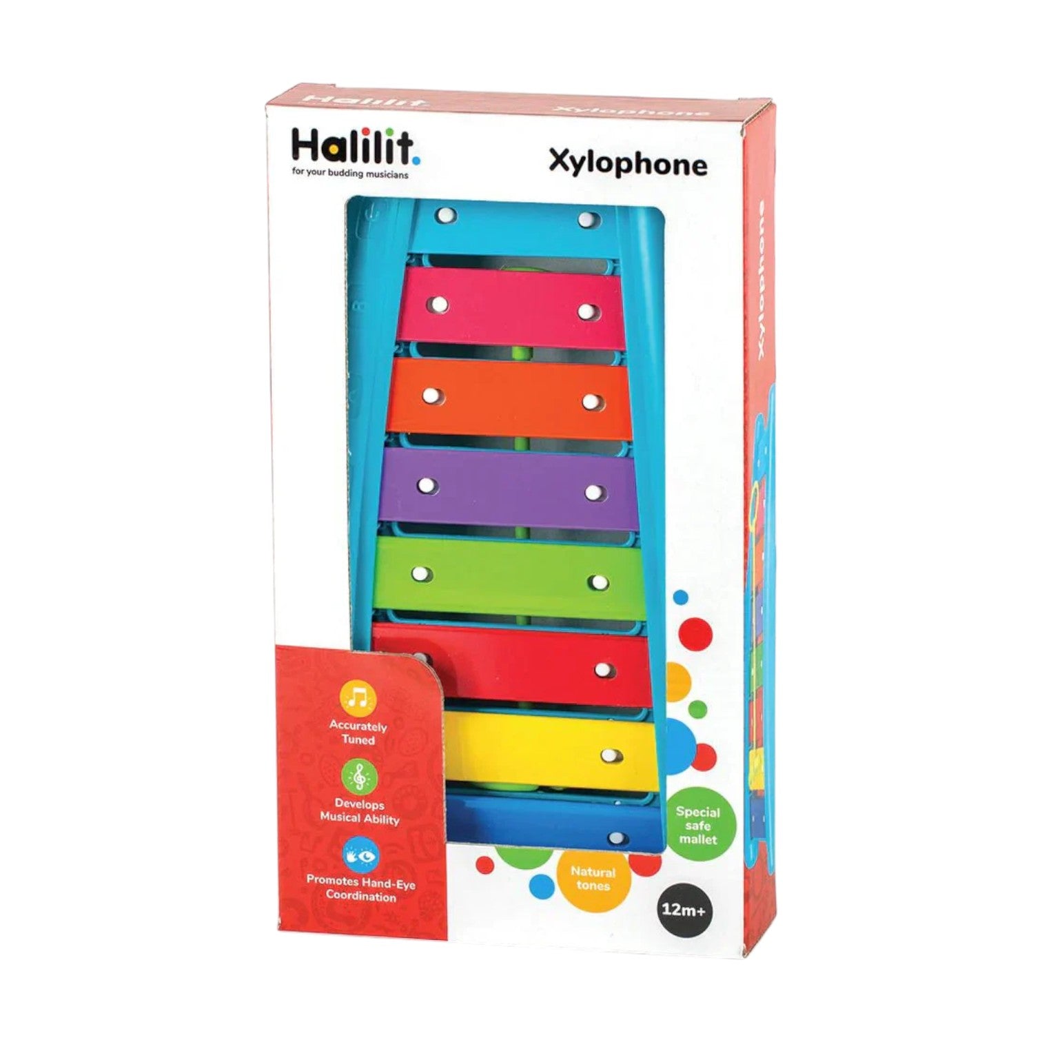 The Crocodile Creek Baby Xylophone comes in packaging and features eight vibrant metal bars with a wooden mallet. This engaging musical toy is designed for children aged 12 months and up.