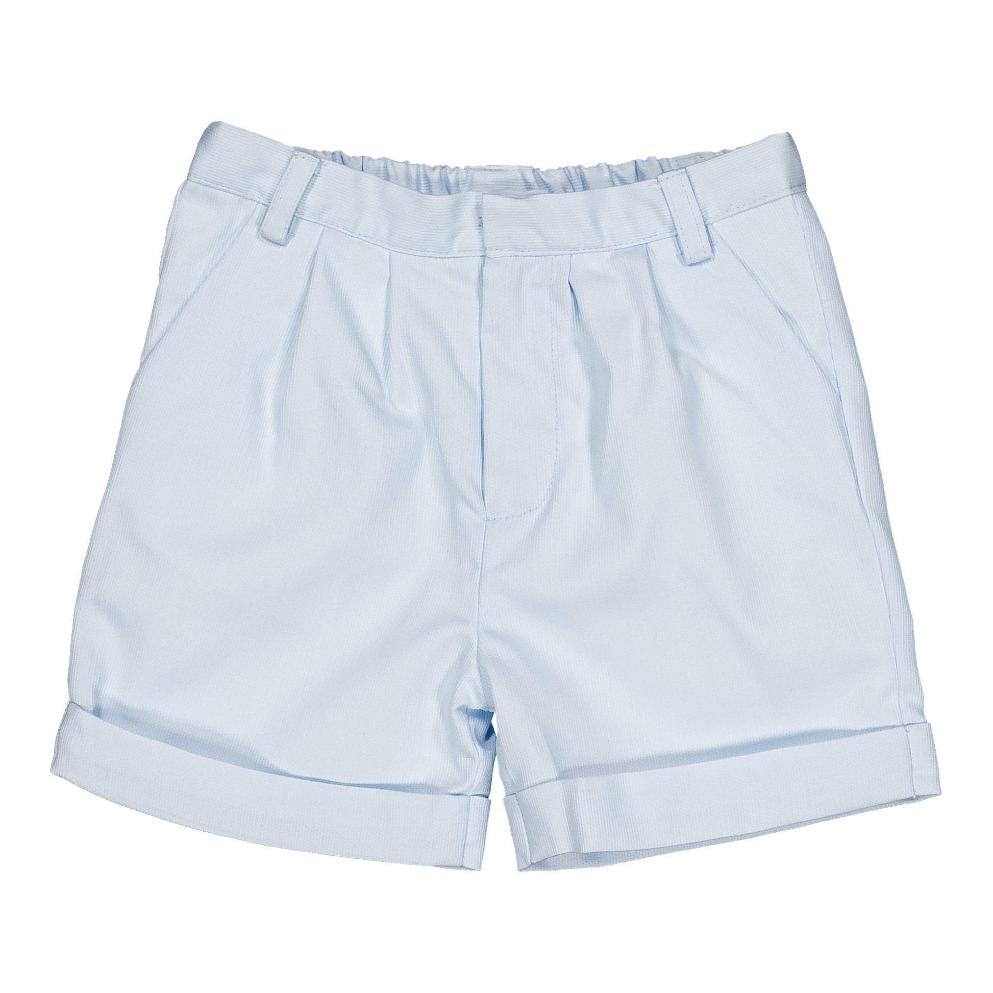 Kidiwi Baby Boys' and Boys' Adam Shorts: light blue cotton summer shorts with belt loops, pleated front, folded hems, and an elastic waistband for comfort.