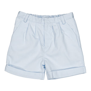 Kidiwi Baby Boys' and Boys' Adam Shorts: light blue cotton summer shorts with belt loops, pleated front, folded hems, and an elastic waistband for comfort.