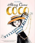 Cover image of "Along Came Coco" by Abrams, a children's book featuring an illustration of fashion icon Coco Chanel in a striped shirt and hat, holding up a long pearl necklace. The title is in gold with black and white text.