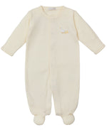 The Kissy Kissy Baby Premier Baby Duckling Striped Footie with Hand Emb. features soft Peruvian cotton, long sleeves, and a hand-embroidered duck on the chest.