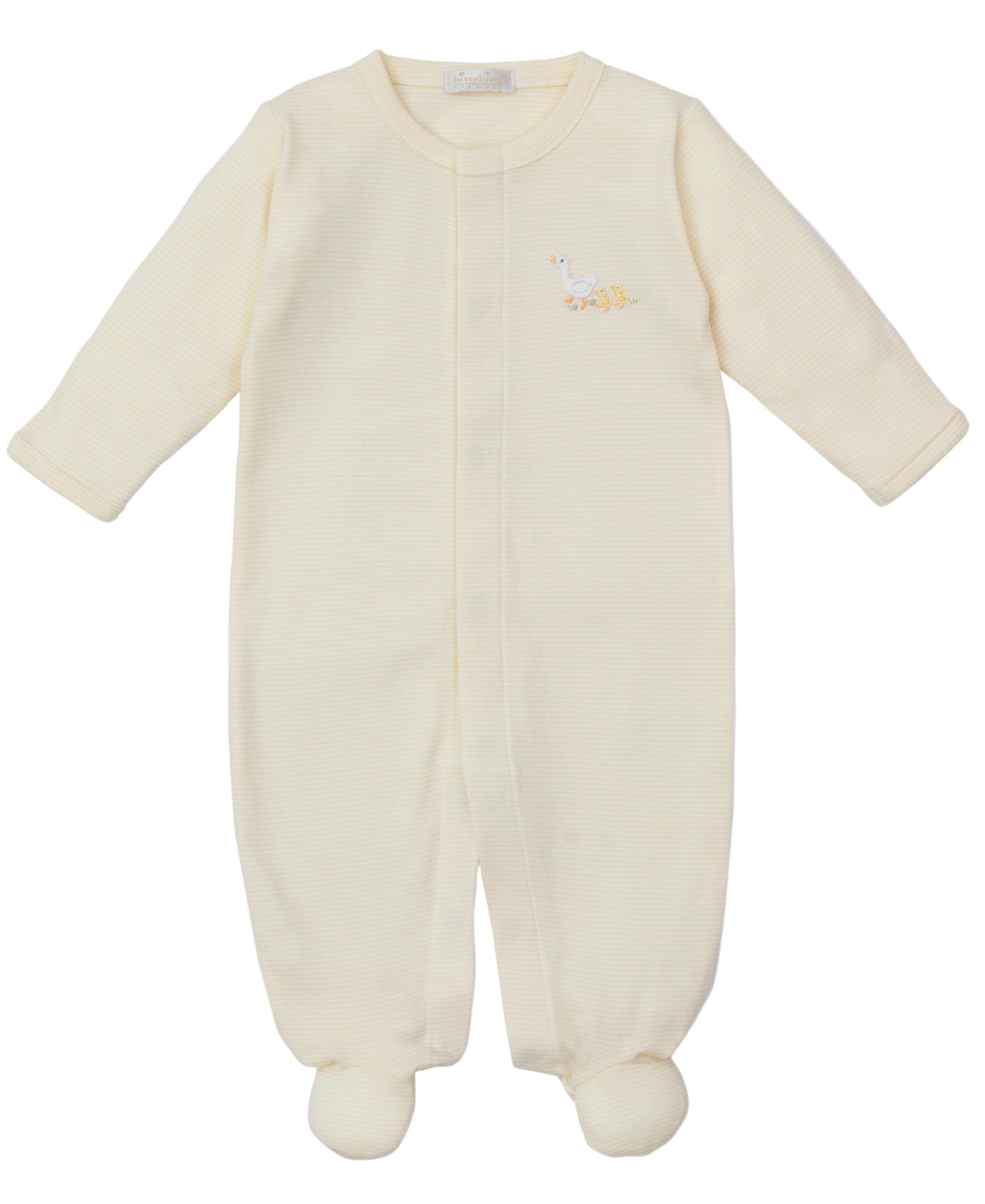 The Kissy Kissy Baby Premier Baby Duckling Striped Footie with Hand Emb. features soft Peruvian cotton, long sleeves, and a hand-embroidered duck on the chest.