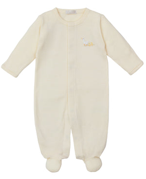 The Kissy Kissy Baby Premier Baby Duckling Striped Footie with Hand Emb. features soft Peruvian cotton, long sleeves, and a hand-embroidered duck on the chest.