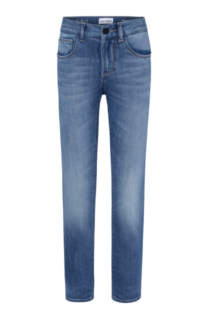 The Boys' Brady Slim Jean by DL1961 features blue denim with a mid-rise waist, button and zipper closure, and a five-pocket design. These jeans offer a tailored cut for a slimming look, combining style and comfort.