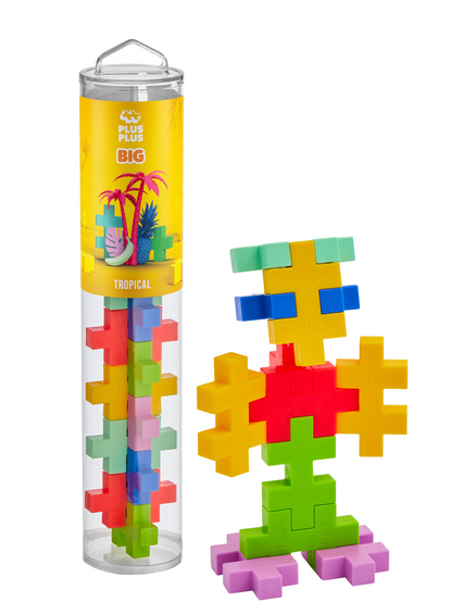 The Plus Plus BIG 15 Piece Building Block Tube - Tropical features multicolored plastic building pieces and a figure assembled from them, making it an ideal toddler construction set for creative play. This fun tropical tube introduces young children to accessible and exciting building toys.