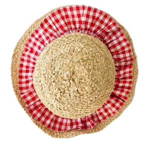 The Kidiwi Girls' Nathalie Smocked Raffia Hat features a wide, red and white checkered fabric trim around the crown, shown from a top view.