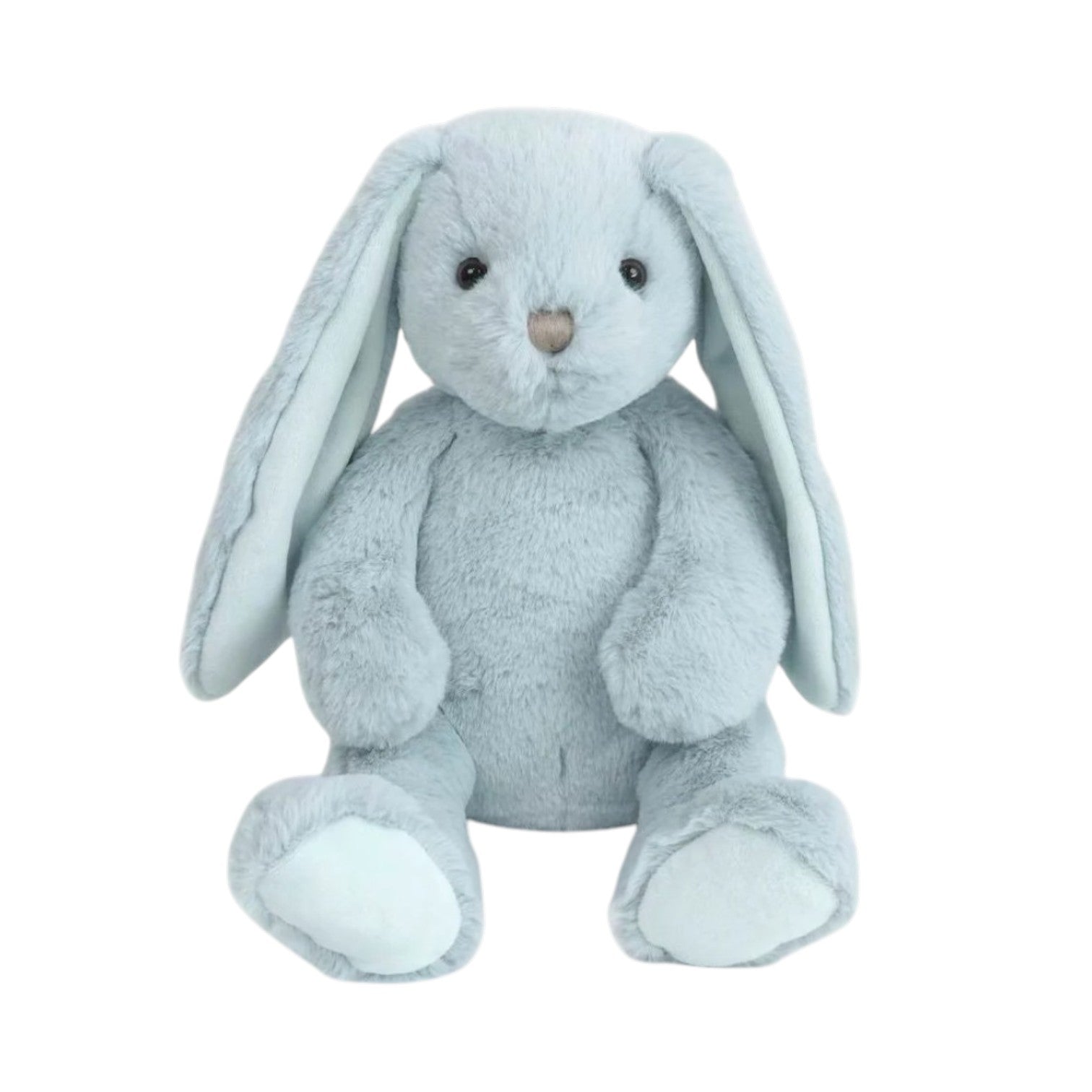 Charlie Bunny by Mon Ami—a light blue plush bunny with floppy ears, black eyes, and a small beige nose, sitting upright against a white background—is the perfect cuddle companion for babies.