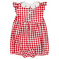 The Kidiwi Baby Girls' Charlotte Romper features a red gingham pattern, ruffled sleeves, a white Peter Pan collar embroidered with cherries, and front white buttons—perfect cotton outfit for sweet summer days.
