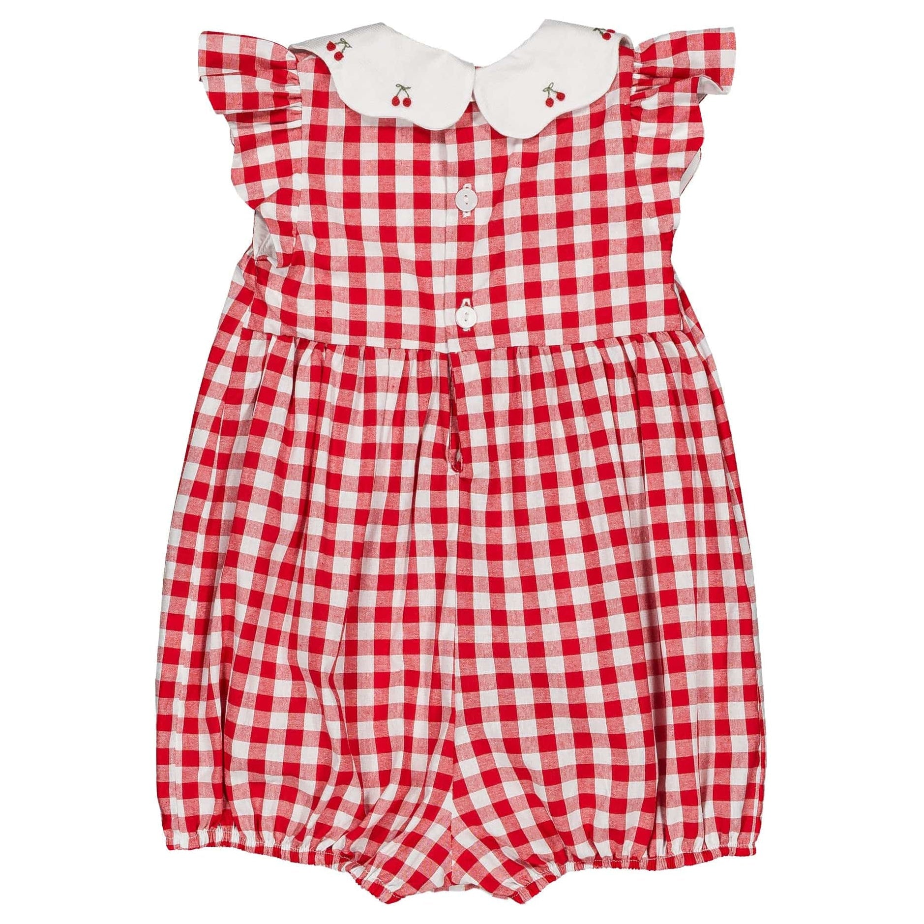 The Kidiwi Baby Girls' Charlotte Romper features a red gingham pattern, ruffled sleeves, a white Peter Pan collar embroidered with cherries, and front white buttons—perfect cotton outfit for sweet summer days.