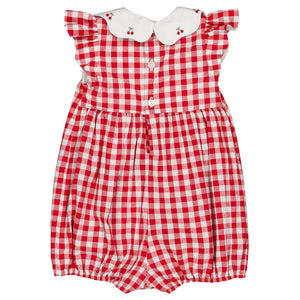 The Kidiwi Baby Girls' Charlotte Romper features a red gingham pattern, ruffled sleeves, a white Peter Pan collar embroidered with cherries, and front white buttons—perfect cotton outfit for sweet summer days.