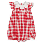 The Kidiwi Baby Girls' Charlotte Romper features red and white gingham cotton, flutter sleeves, a cherry-embroidered white collar, and elastic leg openings—an adorable choice for little girls.