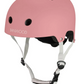 The Banwood Eco Helmet in pink features ventilation holes, adjustable white straps, and a black buckle, displayed on a white background.