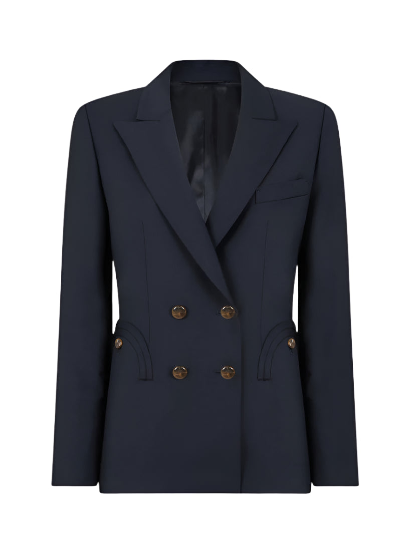 The First Class Charmer Blazer by Blaze Milano is a navy blue, slim fit, double-breasted blazer with gold buttons and notched lapels, shown against a plain white background.