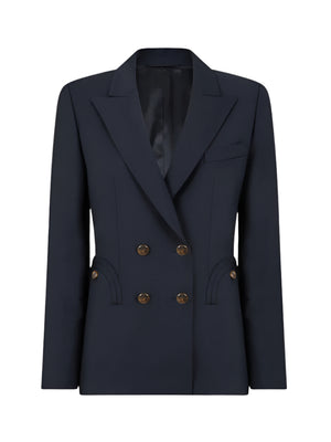 The First Class Charmer Blazer by Blaze Milano is a navy blue, slim fit, double-breasted blazer with gold buttons and notched lapels, shown against a plain white background.