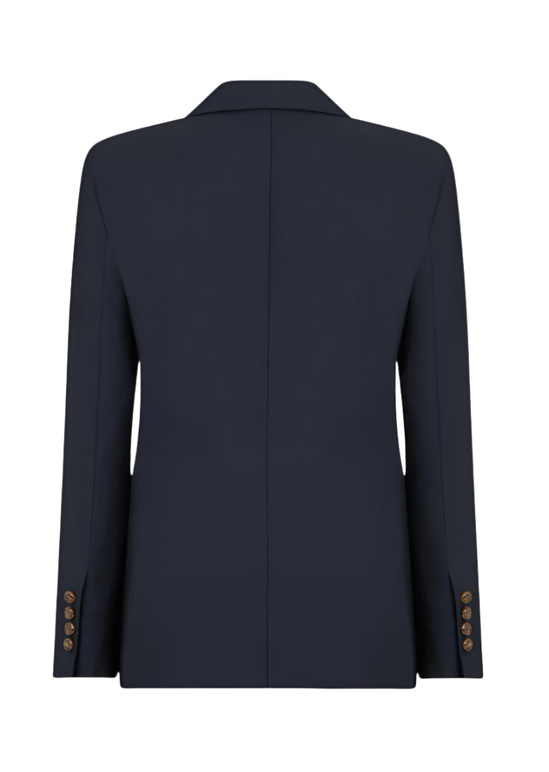 Back view of the Blaze Milano First Class Charmer Blazer, a slim fit navy blazer featuring a notched collar and four brown buttons on each sleeve cuff.