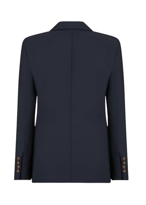 Back view of the Blaze Milano First Class Charmer Blazer, a slim fit navy blazer featuring a notched collar and four brown buttons on each sleeve cuff.