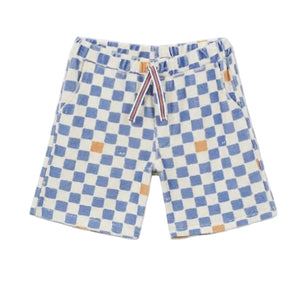 Introducing the Boys' Checkered Terry Bermuda Shorts by Arsene & Les Pipelettes—crafted from soft, organic cotton checkered terry fabric. These shorts feature a blue and white checkerboard pattern with vibrant orange accent squares, side pockets for convenience, and a striped drawstring at the waist. Designed to offer comfort and playful style, they're perfect for everyday adventures.