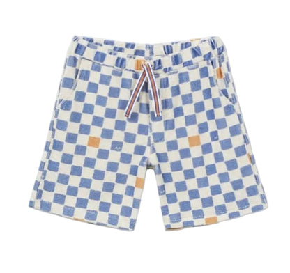 Introducing the Boys' Checkered Terry Bermuda Shorts by Arsene & Les Pipelettes—crafted from soft, organic cotton checkered terry fabric. These shorts feature a blue and white checkerboard pattern with vibrant orange accent squares, side pockets for convenience, and a striped drawstring at the waist. Designed to offer comfort and playful style, they're perfect for everyday adventures.