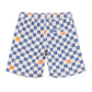 Back view of Arsene & Les Pipelettes Boys' Checkered Terry Bermuda Shorts in blue, white, and orange, featuring an elastic waistband and a single back pocket, displayed on a white background.
