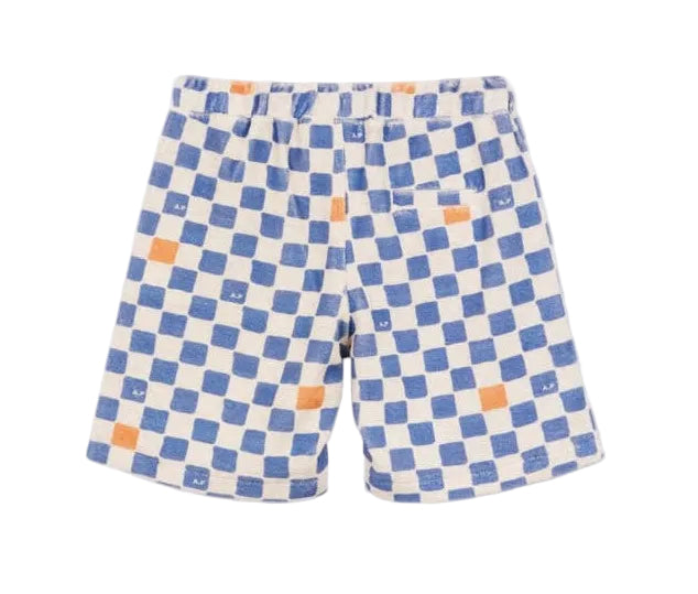 Back view of Arsene & Les Pipelettes Boys' Checkered Terry Bermuda Shorts in blue, white, and orange, featuring an elastic waistband and a single back pocket, displayed on a white background.