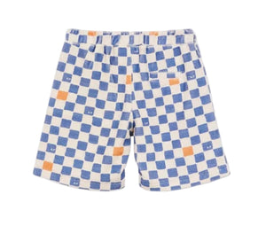 Back view of Arsene & Les Pipelettes Boys' Checkered Terry Bermuda Shorts in blue, white, and orange, featuring an elastic waistband and a single back pocket, displayed on a white background.