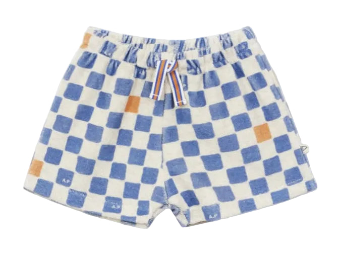 Baby Boys' Checkered Terry Cloth Baby Shorts by Arsene & Les Pipelettes, crafted from soft organic cotton and featuring a blue, white, and orange checkerboard pattern with a drawstring waistband, displayed on a white background.