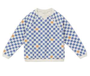 The Arsene & Les Pipelettes Boys' Checkered Terry Cloth Sweatshirt, featuring a blue and white checkerboard print with scattered orange squares, is shown laid flat on a white background.