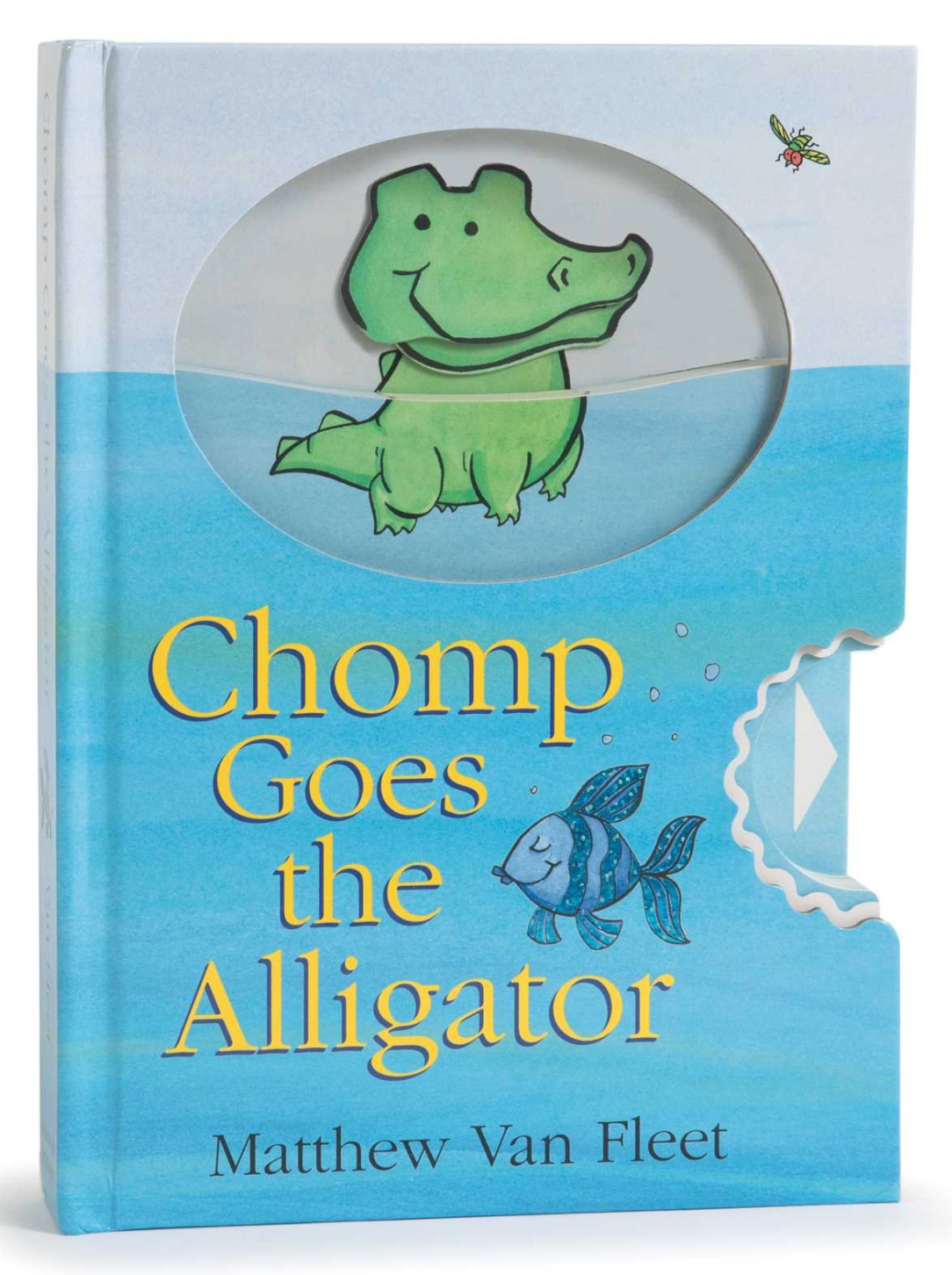 Cover of the children's counting book "Chomp Goes the Alligator" by Common Ground, featuring an illustration of a smiling alligator and a fish.