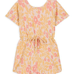 The Baby Girls' and Girls' Chiara Playsuit by Louise Misha is a floral-patterned short-sleeve playsuit with pink and yellow flowers. It features a cinched waist with a tie for elegance.