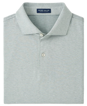 The Peter Millar Albatross Cotton-Blend Pique Polo in light gray is neatly folded, featuring a classic collar and two-button placket, crafted from premium cotton-blend piqué knit.