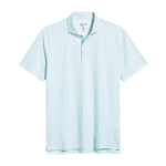 The Johnnie-O Barbacoa Polo, a light blue short-sleeve breathable shirt featuring a subtle pattern, three-button placket, and classic collar, is shown laid flat on a white background.