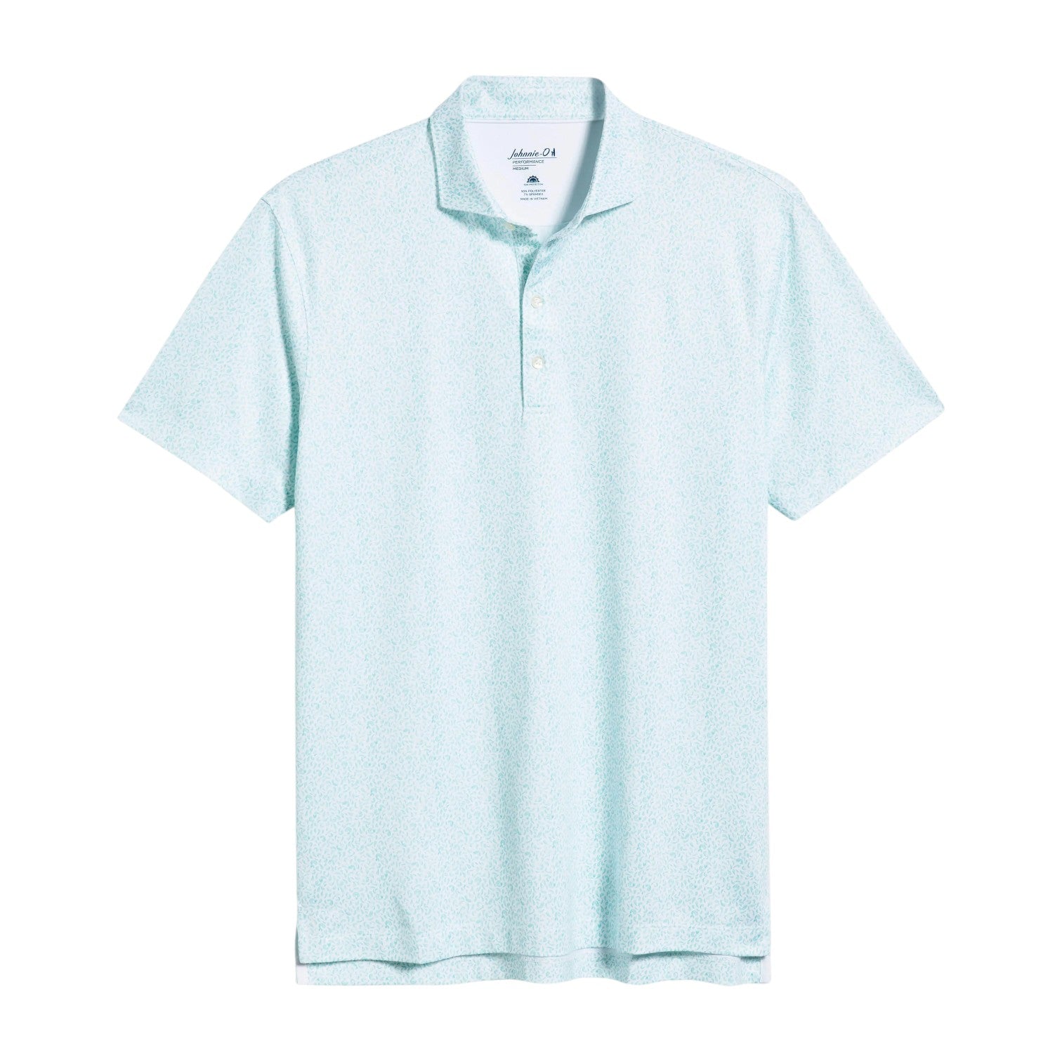 The Johnnie-O Barbacoa Polo, a light blue short-sleeve breathable shirt featuring a subtle pattern, three-button placket, and classic collar, is shown laid flat on a white background.