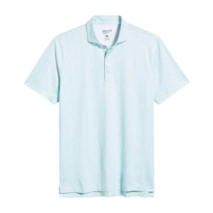 The Johnnie-O Barbacoa Polo, a light blue short-sleeve breathable shirt featuring a subtle pattern, three-button placket, and classic collar, is shown laid flat on a white background.