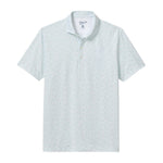 The Johnnie-O Marietta Polo is a light blue short-sleeve performance polo shirt featuring a subtle small floral pattern, button-up collar, and a front chest pocket, shown laid flat on a white background. As part of our featherweight polo collection, it delivers exceptional breathability and sun protection for effortless style and all-day comfort.