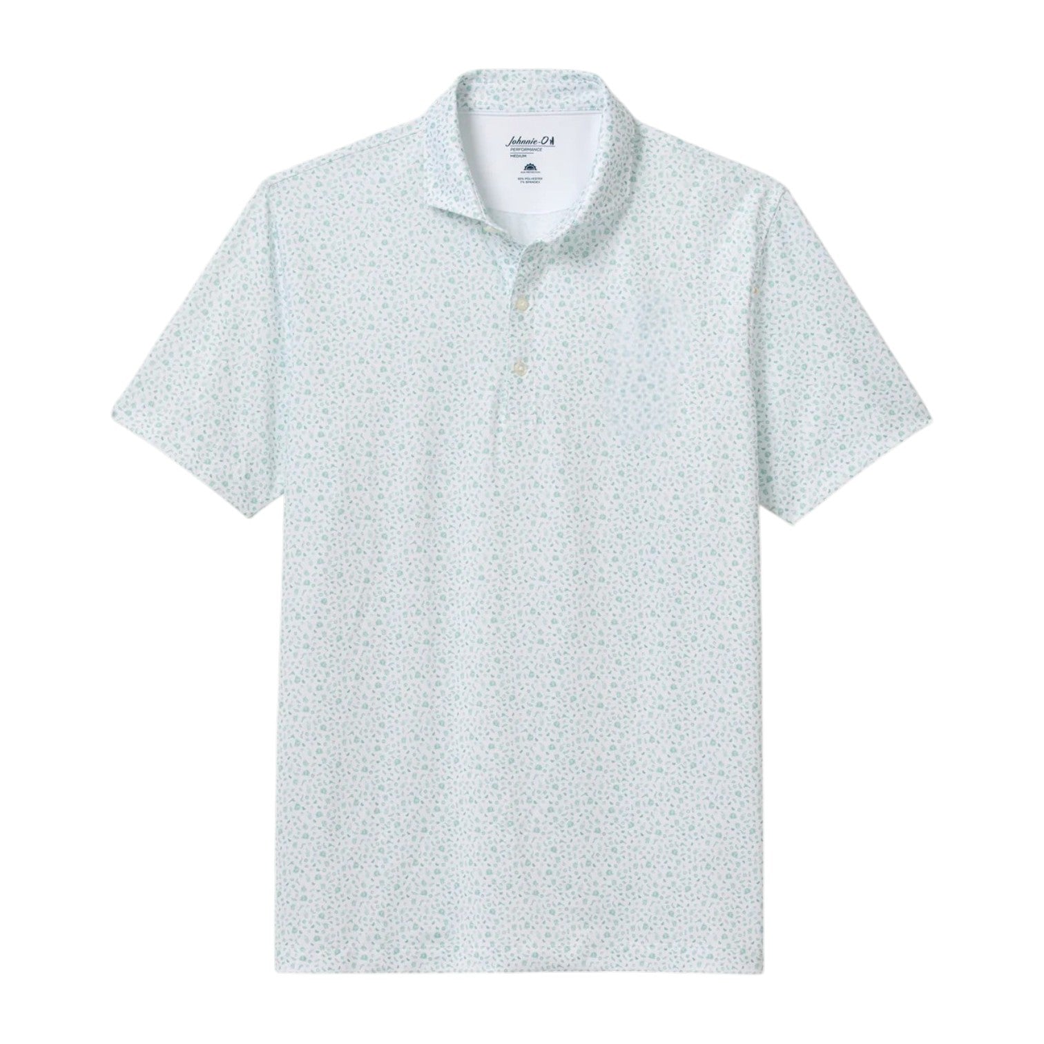 The Johnnie-O Marietta Polo is a light blue short-sleeve performance polo shirt featuring a subtle small floral pattern, button-up collar, and a front chest pocket, shown laid flat on a white background. As part of our featherweight polo collection, it delivers exceptional breathability and sun protection for effortless style and all-day comfort.