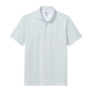 The Johnnie-O Marietta Polo is a light blue short-sleeve performance polo shirt featuring a subtle small floral pattern, button-up collar, and a front chest pocket, shown laid flat on a white background. As part of our featherweight polo collection, it delivers exceptional breathability and sun protection for effortless style and all-day comfort.