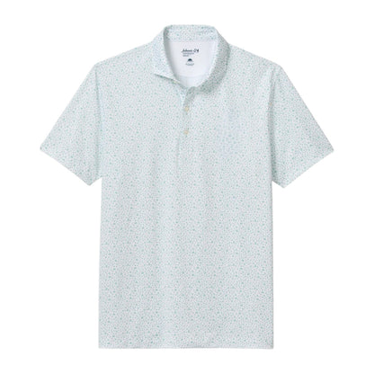 The Johnnie-O Marietta Polo is a light blue short-sleeve performance polo shirt featuring a subtle small floral pattern, button-up collar, and a front chest pocket, shown laid flat on a white background. As part of our featherweight polo collection, it delivers exceptional breathability and sun protection for effortless style and all-day comfort.