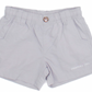 The Properly Tied Boys' Mallard Short in light gray features nylon fabric, an elastic waistband, front pockets, and a single button closure. These quick-dry shorts are shown on a white background.