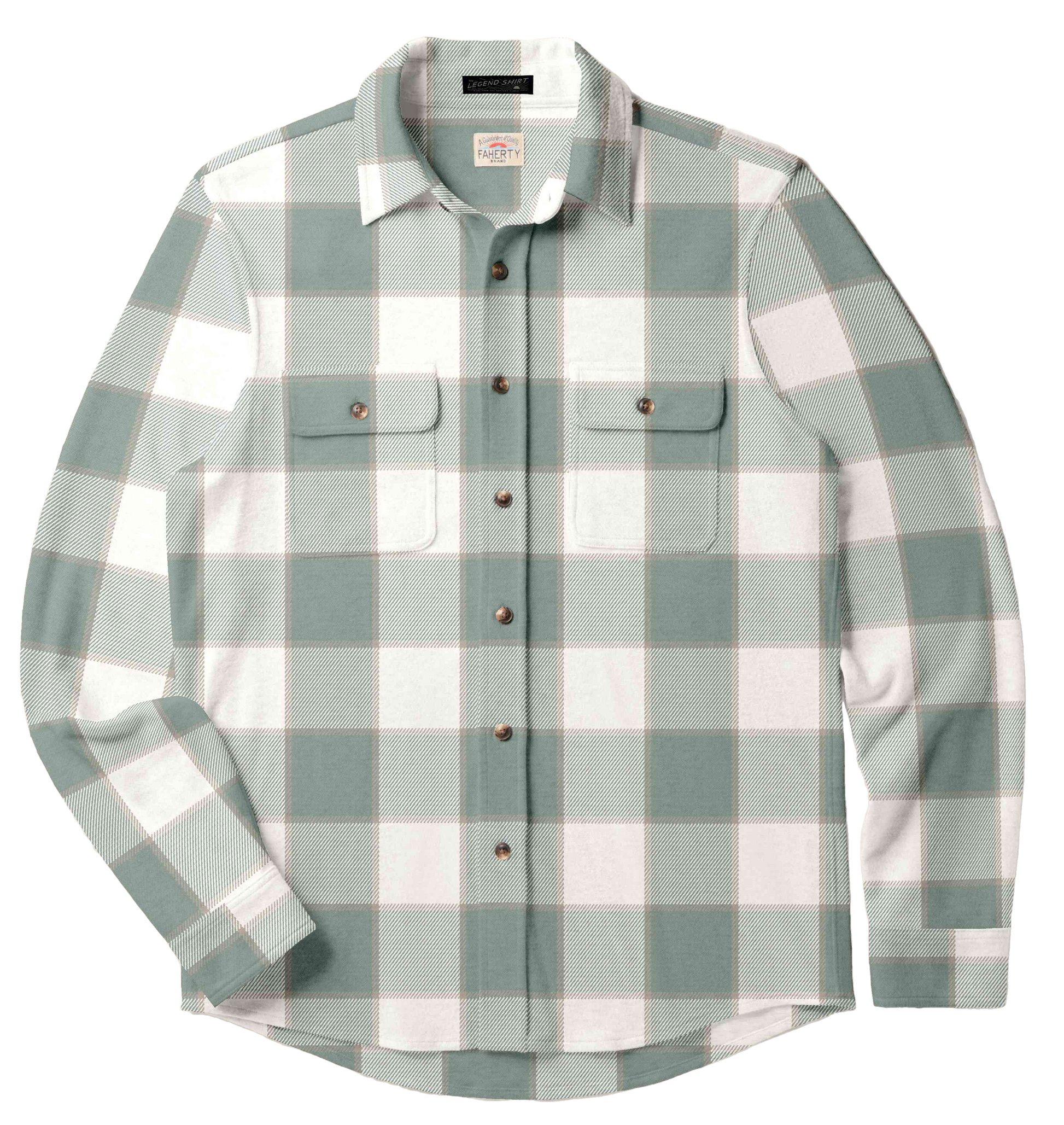 The Faherty Legend™ Sweater Shirt in light green and white plaid features a custom fabric blend, two chest pockets, and long sleeves. The soft knit shirt is shown against a white background.