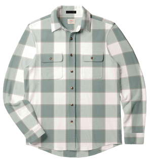 The Faherty Legend™ Sweater Shirt in light green and white plaid features a custom fabric blend, two chest pockets, and long sleeves. The soft knit shirt is shown against a white background.